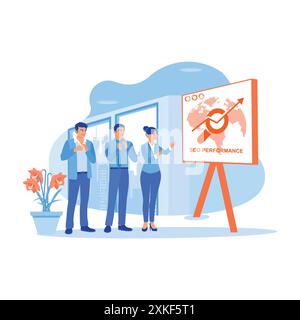 A group of young businesspeople standing in a conference room. Stand up and applaud after seeing the SEO performance presentation. SEO concept. trend Stock Vector