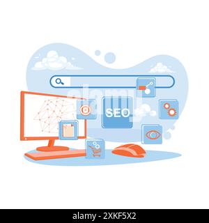 Computer with online search engine icon, SEO abbreviation, and SEO symbol. Digital online marketing strategy on a computer screen. SEO concept. trend Stock Vector