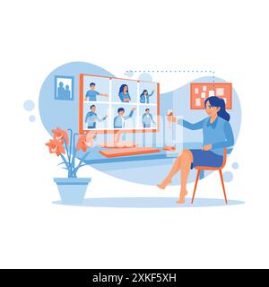 Middle-aged woman celebrating party online. Make online calls with friends and family. Virtual Relationships concept. trend modern vector flat illustr Stock Vector