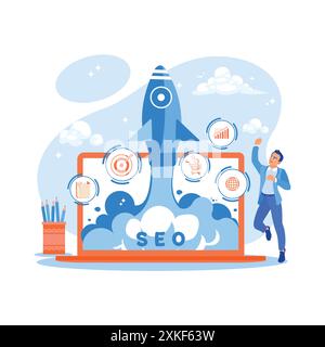 Happy young businessman jumping because of increasing business marketing. A rocket icon appears on the laptop screen. SEO concept. trend modern vector Stock Vector