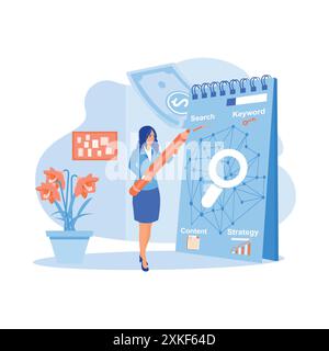 An office woman makes an SEO optimization scheme in a notebook. Internet business development concept. SEO concept. trend modern vector flat illustrat Stock Vector