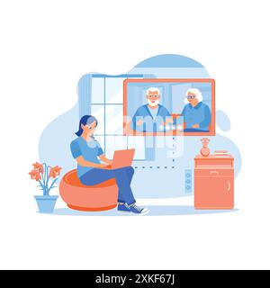 Young woman sitting on the sofa inside the house. Making online calls with his mother and father using a laptop. Virtual Relationships concept. trend Stock Vector