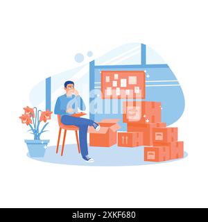A young entrepreneur who owns an e-commerce business. Call suppliers to confirm orders and check customer address lists. Order Confirmation concept. t Stock Vector