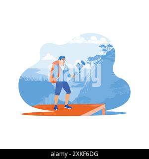 A young vlogger goes on a tourist trip in the mountains. He uses the camera to create video content at the venue. Content Creator concept. trend moder Stock Vector