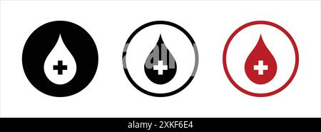 Blood drop sign symbol logotype red and black color. Donate drops blood with cross sign. Donor concept. Flat design. Medical symbol. Blood drop logo. Stock Vector