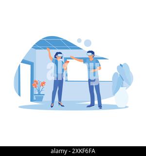 Young couple in virtual glasses indoors. Watching video games using a smartphone while making hand movements. Virtual Relationships concept. trend mod Stock Vector