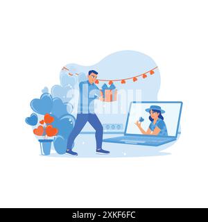 Happy young couple making online calls using a laptop. They show each other gifts and send love. Virtual Relationships concept. trend modern vector fl Stock Vector