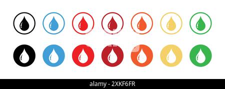 Water drop icon set in different color. Water drop Icon on shiny color circle buttons. Water drops in circle. Colored circle buttons. Isolated on white Stock Vector