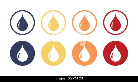 Water drops icon set in different color. Water droplets icon collection in the circle, logotype, fill, outline. Blood drop logotype. Stock Vector