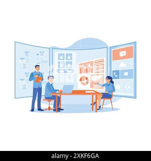 A competent team of workers in office space. Front-end developer team brainstorming UI and UX design for mobile app on a laptop computer screen. APP d Stock Vector