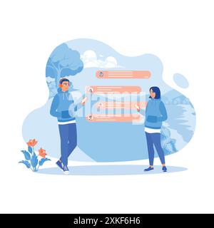 A young man is using headphones and holding a mobile phone. Sending and reading messages with female friends on the side of the road. Online Dating co Stock Vector