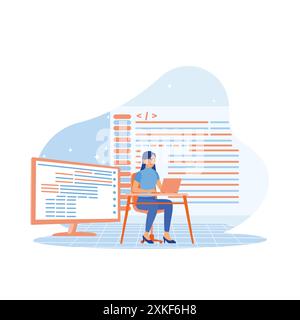 IT woman developing mobile application via computer laptop. Information technology website coding standards for web design New technological revolutio Stock Vector