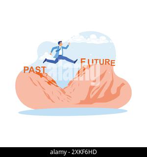 Entrepreneurs jump from the cliff of the past to the future. Go ahead and continuously improve the concept. trend modern vector flat illustration Stock Vector