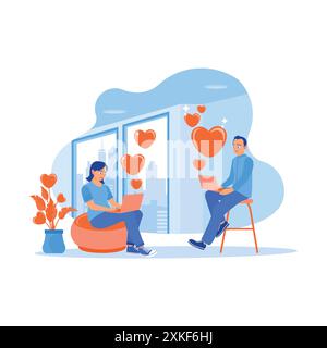 Young men and women sitting with laptops in their lap. Send each other love messages with heart symbols coming out of the computer. Online Dating conc Stock Vector