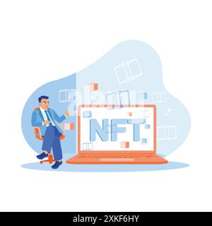 Businessman showing NFT hologram, data blocks, and virtual art on laptop screen. Blockchain and crypto art concept. APP devs concept. trend modern vec Stock Vector