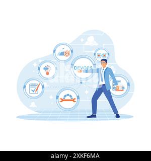 Computer expert touches DEVOPS button on virtual screen. Agile Software Concepts DevOps Development Operations. DEVOPS icon on the screen. APP devs co Stock Vector