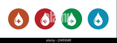 Blood drop sign symbol logotype. Donate drop blood with cross sign. Donor concept. Colorful flat design. Medical symbol. Blood drop logo icon set. Stock Vector