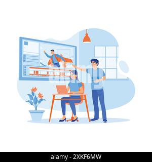 Man and woman working in creative loft office. They work on post-production on a film using a laptop computer. Video Editor concept. trend modern vect Stock Vector