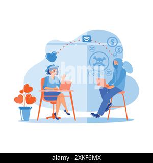 Young woman dating online with mysterious man using a laptop. They send each other heart symbols. Online Dating concept. trend modern vector flat illu Stock Vector
