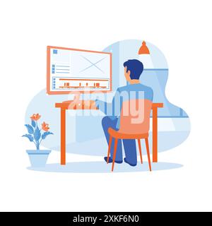 Male video editor sitting in front of the computer at night. Editing video using a computer in workspace. Video Editor concept. trend modern vector fl Stock Vector