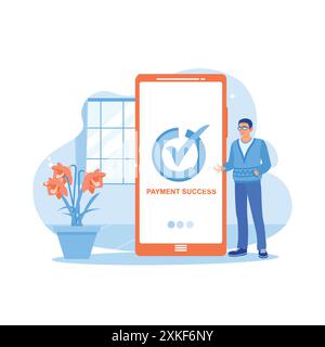 A young man is shopping online at home. Using a smartphone to make online payments. Order Confirmation concept. trend modern vector flat illustration Stock Vector