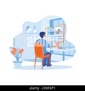 Male video editor working in creative loft office. He is sitting with the recording on his personal computer with the big screen. Video Editor concept Stock Vector