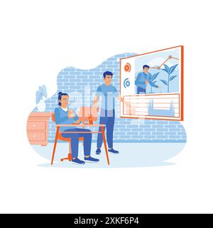 A man and a producer work together in a creative loft office. They edit videos with color correction of documentary or commercial videos. Video Editor Stock Vector