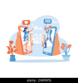 Hands are holding two digital gadgets. A young couple appears from a gadget screen on an online dating application and gives each other a surprise. On Stock Vector