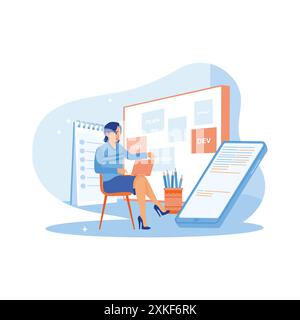 Female IT developer sitting on a chair at work. Developing his cell phone software using a laptop computer. APP devs concept. trend modern vector flat Stock Vector