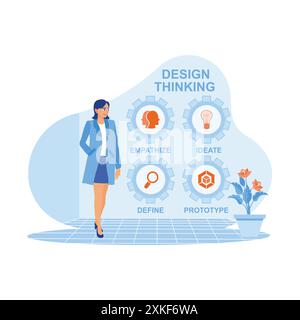 Female IT expert working in modern office. Trying to create the concept of design thinking in software development on a laptop computer. APP devs conc Stock Vector