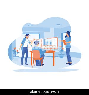 Colleagues are discussing a video project in the creative startup agency office. Videographers process film montages with post-production software. Vi Stock Vector