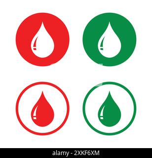 Water, blood drop icon set in red and green color. Water drop icon on shiny color circle buttons, logotype. Water drops in circle and outline. Stock Vector