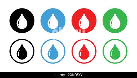 Water drop icon set in different color. Water drop icon on shiny color circle buttons logotype. Water drops in circle. Colored circle buttons. Stock Vector
