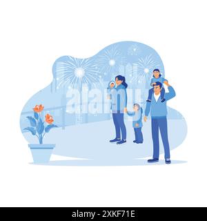 Happy family celebrating New Year's Eve by watching fireworks outside the house in winter. Happy daughter sitting on her father's shoulders. Celebrati Stock Vector