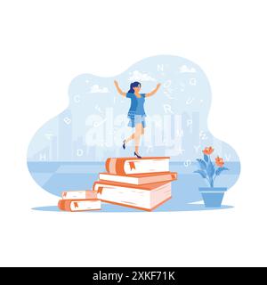 A woman is standing on a pile of books. Learning or educational goals. Self-improvement concept. trend modern vector flat illustration Stock Vector