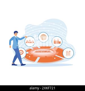 A young businessman works in a modern office. Using a laptop computer to analyze business valuation. Business analysis concept. trend modern vector fl Stock Vector