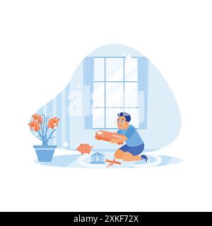 Happy boy sitting on the floor and playing with cars inside the house. Educational toys for small children. Children's concept. trend modern vector fl Stock Vector