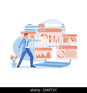 An analyst points at a laptop screen displaying growth statistics, graphs and data. Analyze business data and data management systems with KPIs. Busin Stock Vector