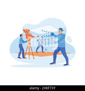 Camera assistant holding clapperboard. The cameraman takes a video shot of a model playing a musical instrument in the studio. Video Editor concept. t Stock Vector