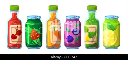 Soda can and fruit juice bottle drink icon vector. Carbonated lemonade cocktail wrap. Fizzy sugar tea in trendy aluminum package. Orange, lemon and berry tonic water with cork from supermarket Stock Vector