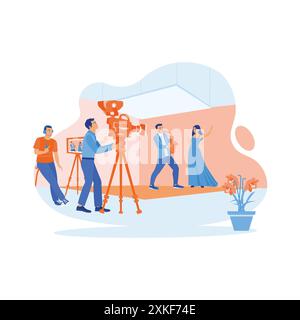The film crew and director team shoot music in the studio. The male model plays a musical instrument, and the female model sings. Video Editor concept Stock Vector