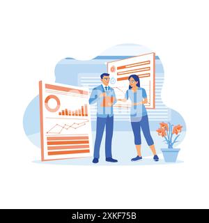 A businessman uses a digital tablet to discuss project details with a female coworker. Work in a modern, diverse office. Software developers concept. Stock Vector