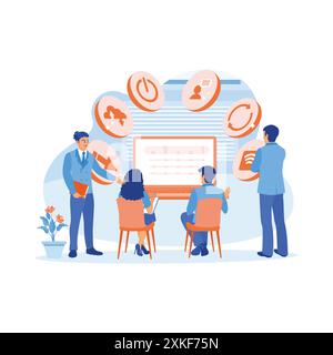 Multicultural businesspeople are working in modern offices. Using a laptop computer with a digital internet communication icon symbol on the screen. D Stock Vector
