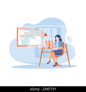 Creative young woman working from home at night. Write code to develop software on desktop computers. Software developers concept. trend modern vector Stock Vector