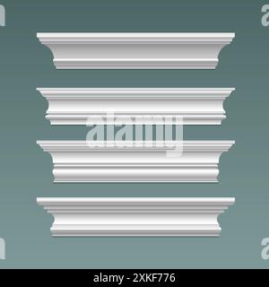 Crown cornice trim for ceiling. Wall moulding isolated frame. Decorative plaster stucco strip vector. 3d plinth pattern with bevel ornament render set. Decor relief ledge border object illustration Stock Vector