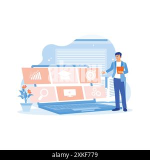 Men using laptops and digital tablets access online education on laptops. Distance education internet technology. Education concept. trend modern vect Stock Vector