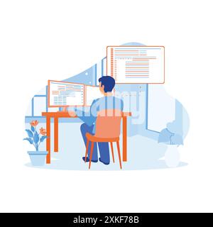 Computer engineers develop programming and coding technology in the office. Programmers working in the office of a software development company. Softw Stock Vector