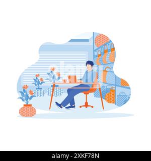 Young man working in front of laptop. The shop owner records sales results and stock items in the craft shop. Digital business concept. trend modern v Stock Vector