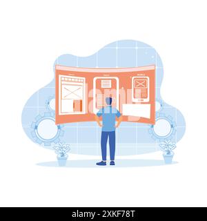 UI/UX designer developing a website in the office. Review wireframe layout design sketches for responsive web content with AR screens. Web design conc Stock Vector