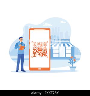 A man holding a digital tablet stands next to a cell phone. Digital smartphone with QR code scanner on smartphone screen for payment, online payment, Stock Vector